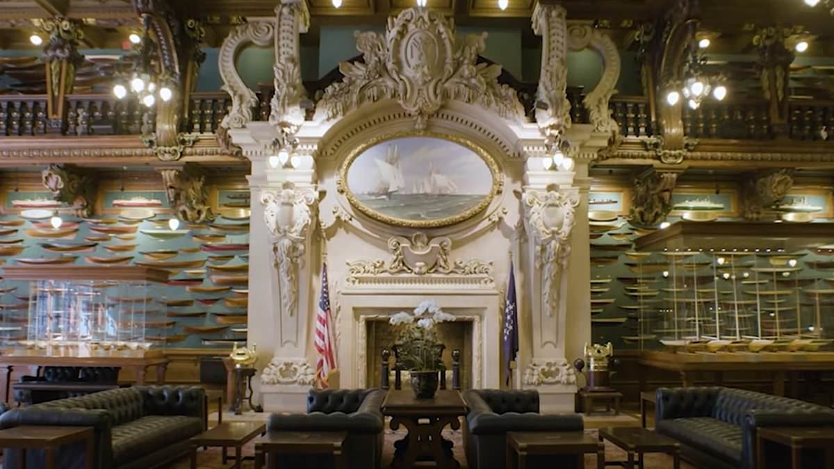 Stepping inside the super-exclusive New York Yacht Club where the America's Cup race started - complete with a 25ft tall fireplace, an original Tiffany glass ceiling and $150,000 joining fee