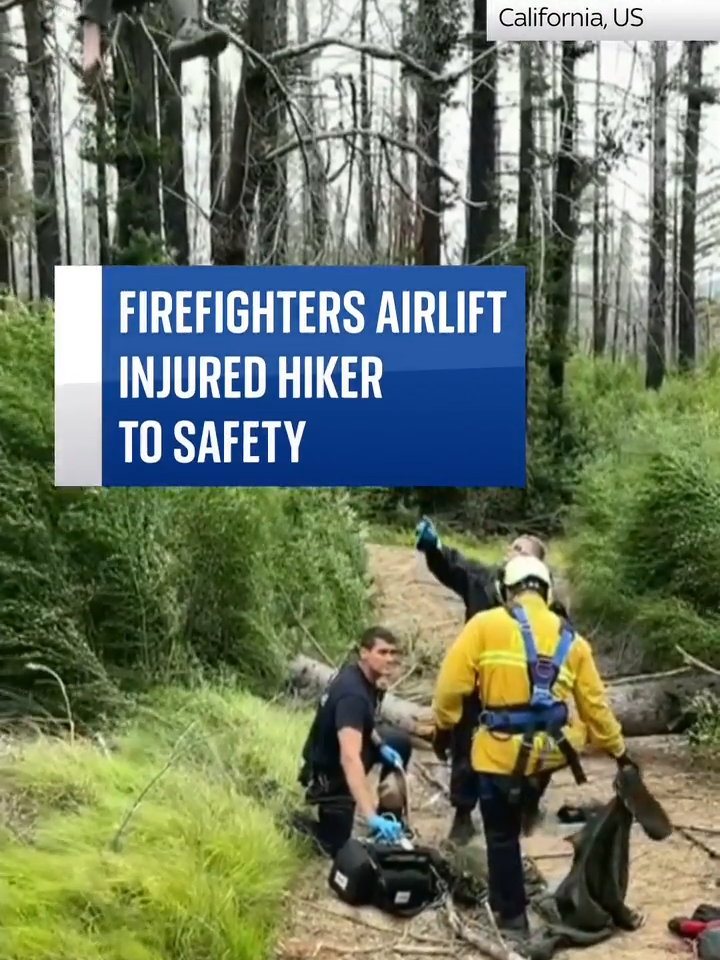 Firefighters hoisted injured hiker to safety using helicopter in California State Park. Cal Fire created a path through the woods with their truck, and then continued on foot to reach the hiker. #California #Firefighters #Helicopter #Injury #Hiker #Park #Woods