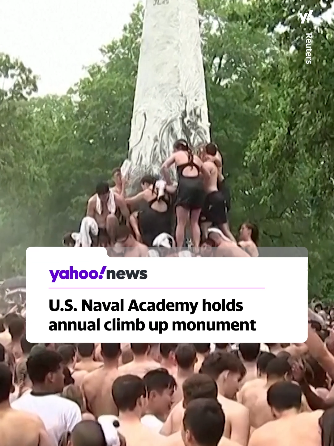 Members of the U.S. Naval Academy's freshman class worked together to climb a greased, 21-foot monument to mark the completion of their first year. The climb ended with 20-year-old Ben Leisegang placing an upperclassman's cap atop the slippery obelisk. #usnavy #navalacademy #news #yahoonews