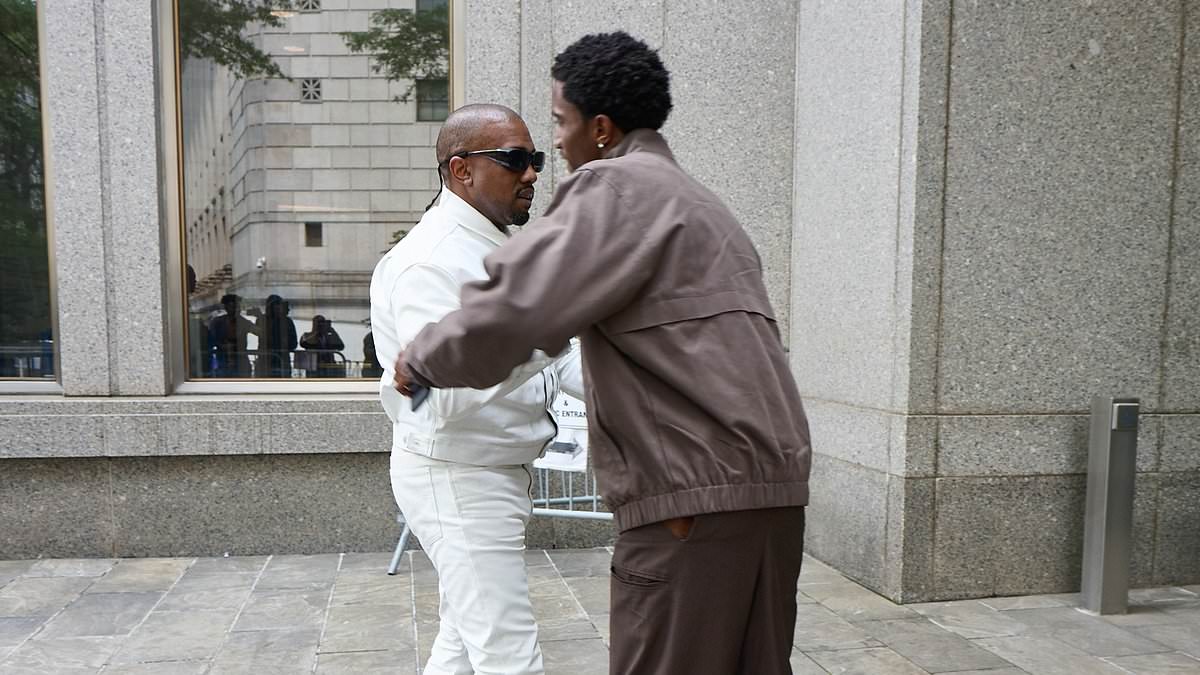 Kanye hugs Diddy's son as he crashes rival rapper's sex trafficking trial in pristine white outfit
