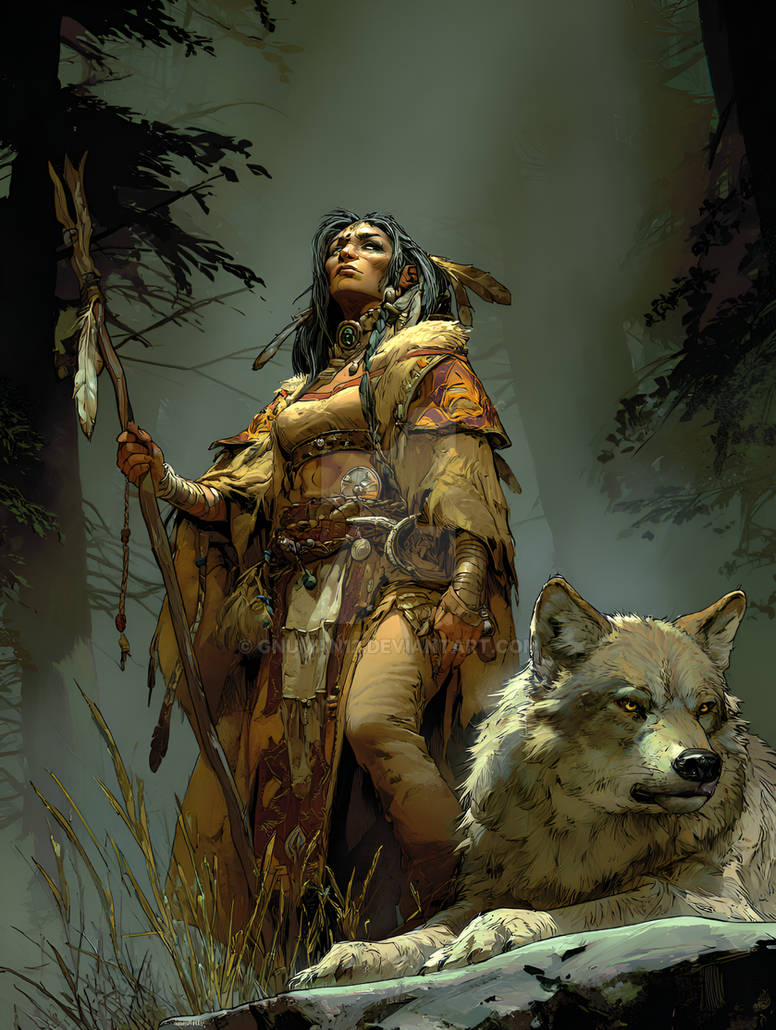 Native  Woman An Wolf