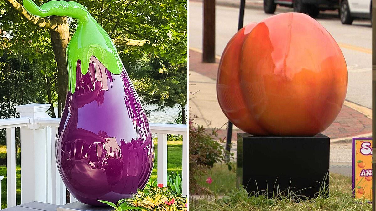 Snooty Maryland suburb outraged over erection of 'suggestive' eggplant and peach sculptures outside local cafe