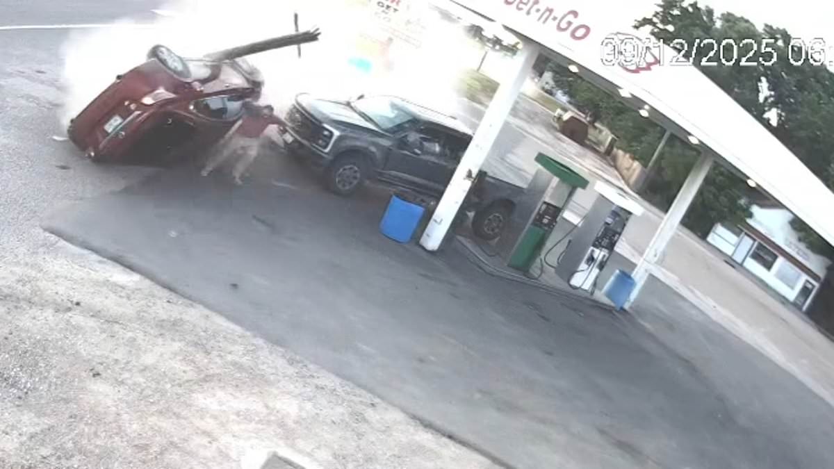 Final Destination-style video shows man cleaning his truck at gas station when out-of-control Nissan Altima suddenly crashes into view