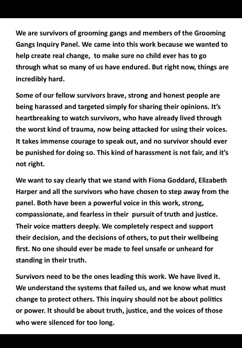 RT by @elonmusk: Six women on the panel for the grooming gang inquiry have sent GB News this statement of support for those who have quit. They have criticised the harassment the women have faced and say that survivors must lead the inquiry’s focus, as they are “experts by experience.” pic.