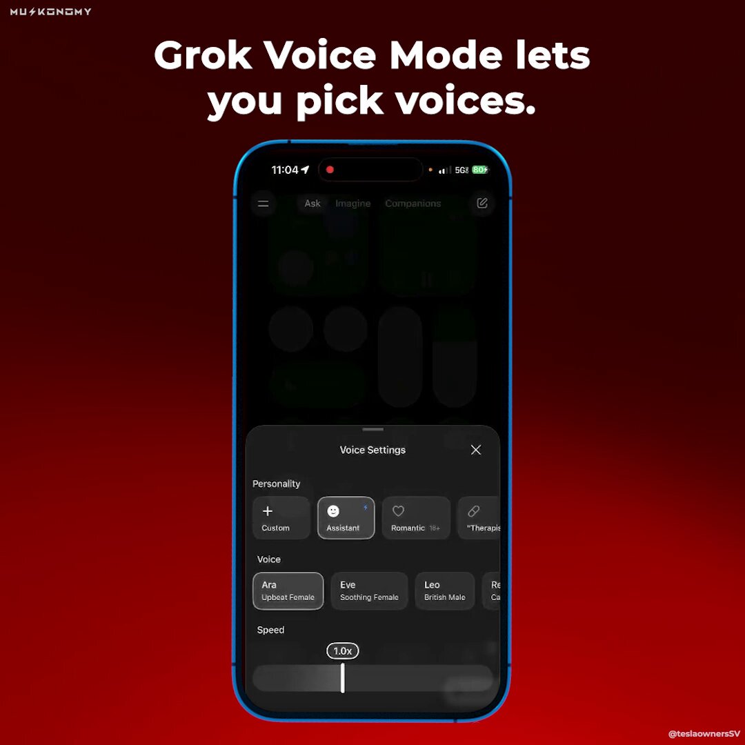 RT by @elonmusk: Grok Voice Mode gives you a variety of voice options: • Ara – Upbeat Female • Eve – Soft, Soothing Female • Leo – Polished British Male • Rex – Calm, Steady Male • Sal – Smooth, Warm Male • Gork – Relaxed, Laid-back Male Just open the settings icon to pick your voice.… pic.