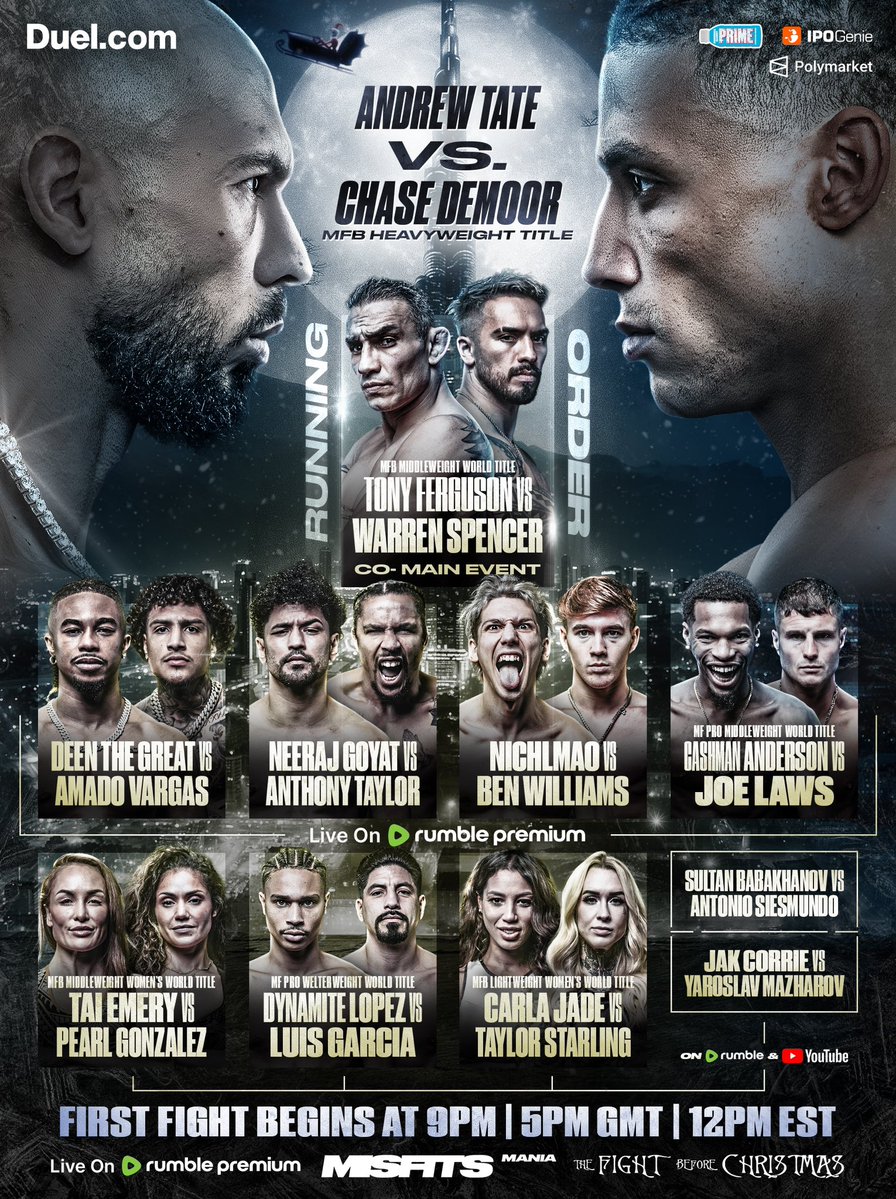 RT by @Cobratate: RT by @Cobratate: Tonight’s running order 📝 The Fight Before Christmas gets underway at 9pm (5pm GMT/12pm EST) on MFB YouTube and Misfits Mania Rumble before moving to Rumble Premium 🍿 Subscribe and watch live ➡️