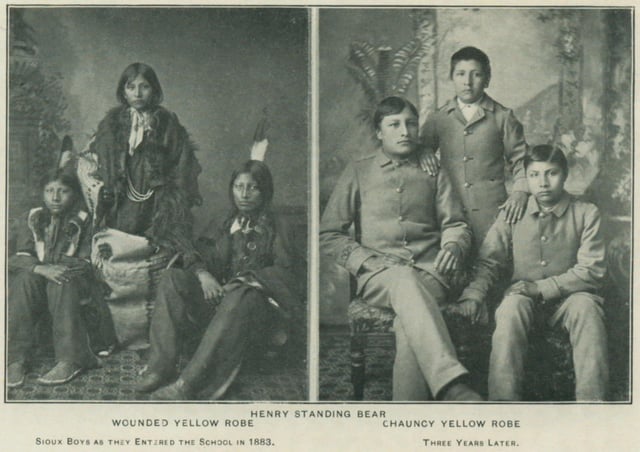 The left is a portrait of Timber Yellow Robe (also known as Chauncey Yellow Robe), Henry Standing Bear, and Wounded Yellow Robe (also known as Richard Yellow Robe taken shortly after arriving at the Carlisle Indian Industrial School in 1883. The right image shows 3 years later. Details in comments.
