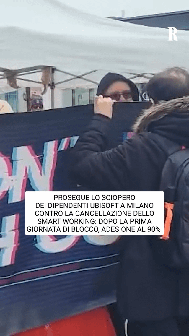 Italian Ubisoft workers on strike in front of the Milan office, due to the company suddenly removing smart working in an attempt to force employees to quit