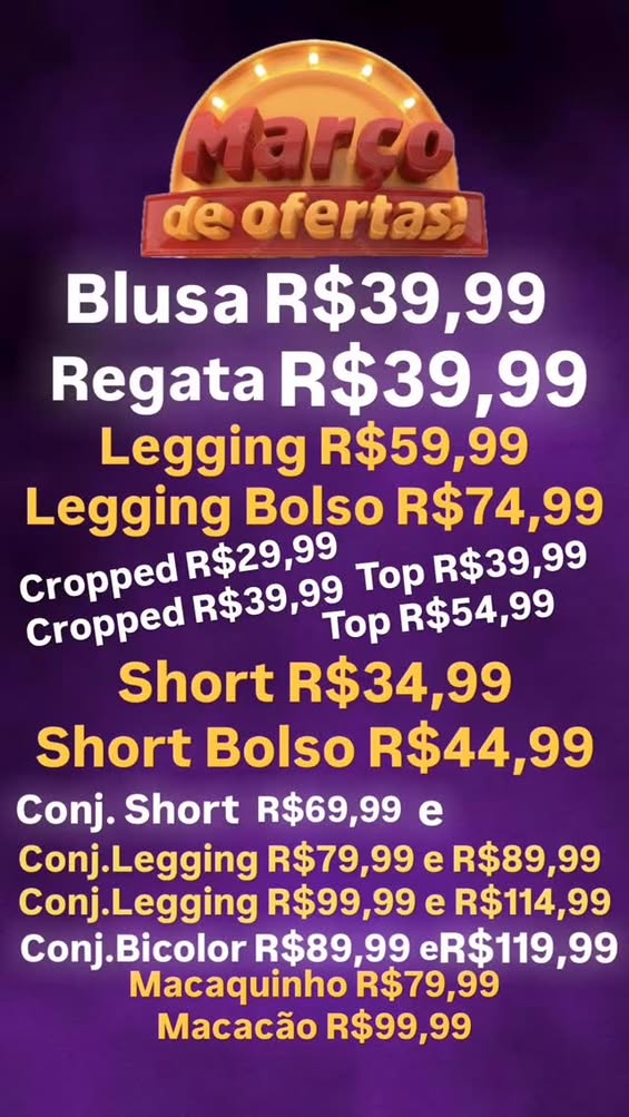 3 Shorts por R$100,00 4 Blusas por R$100,00 5 Regatas por R$100,00  Semana de Ofertas +500 Conjuntos à PRONTA ENTREGA .....
