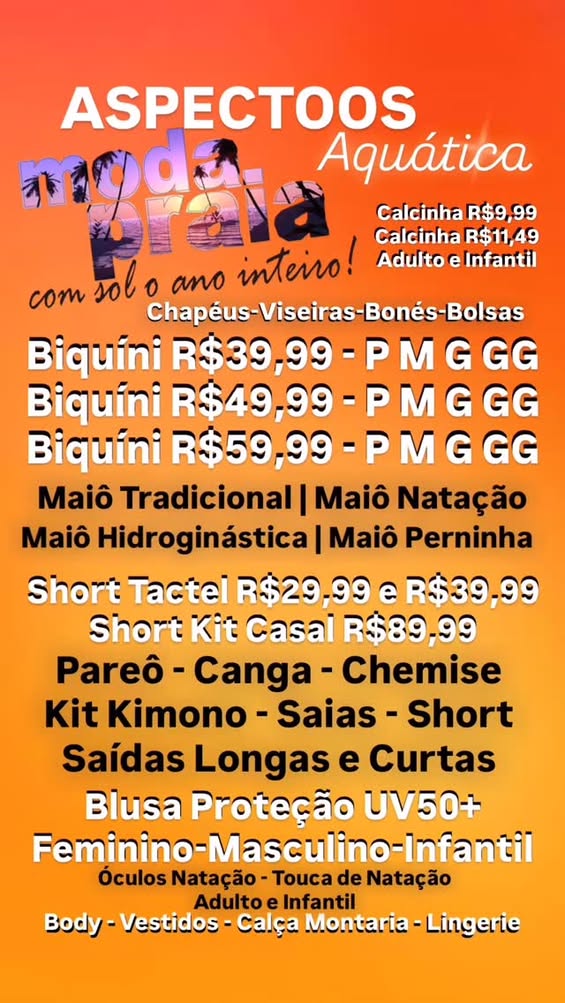 ASPECTOOS Aquática  TAM: P M G GG G1 G2 G3 Aspectoos  Whats: (61) 99335-1754 📍Rua do ônibus na Vila Vicentina