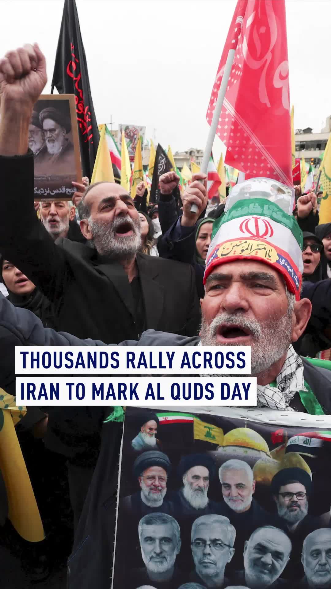 Large rallies took place in cities across Iran to mark Al Quds or ‘Jerusalem Day’ - an annual event originating in Iran in support of Palestine, held on the final Friday in the Islamic holy month of Ramadan. Marchers in Tehran held pictures of the current Supreme Leader, as well as past ayatollahs, while huge crowds carrying a banner in Iranian colors filled the main street in Mashhad. #AlQuds #Iran #Tehran #Mashad #Palestine #Khamenei #Ayatollah #March #Ramadan