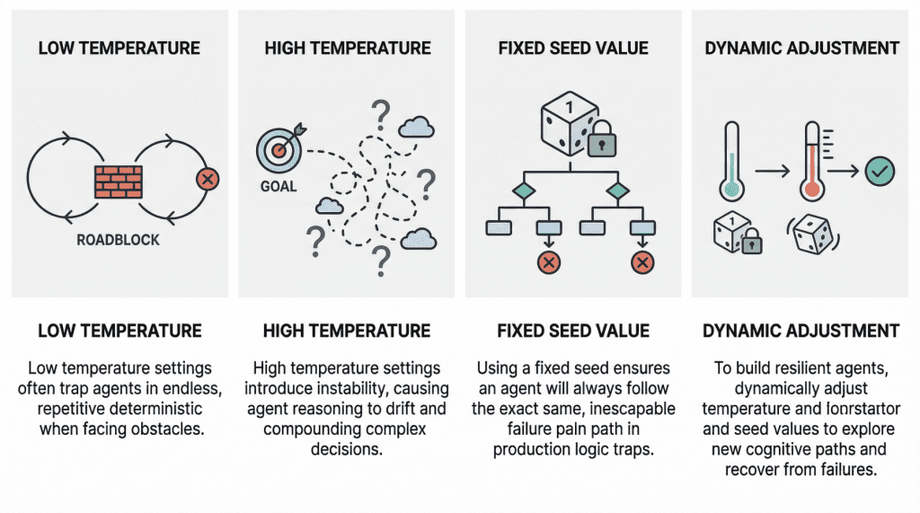 Why Agents Fail: The Role of Seed Values and Temperature in Agentic Loops