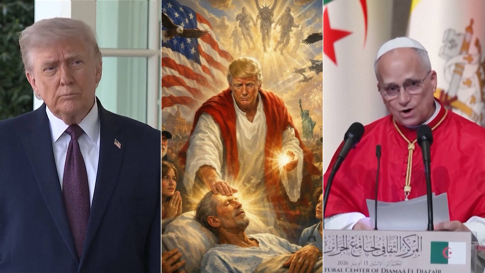 President vs. Pope: Trump Posts Pic of Self as Jesus, Pope Says Warmakers Have "Hands Full of Blood"