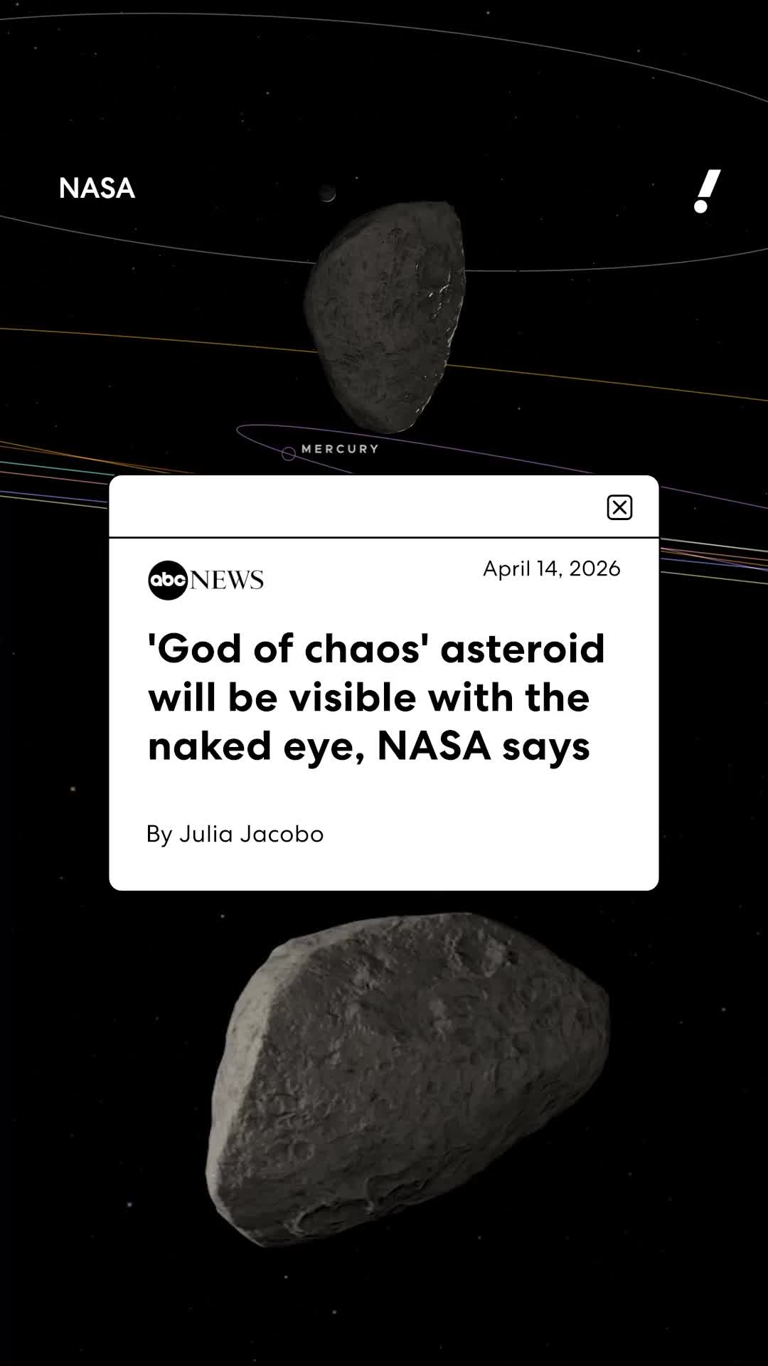 Mark your calendars for April 13, 2029! NASA says Apophis (aka the "god of chaos" asteroid) could be visible with the naked eye when its orbit briefly aligns with Earth. At its closest point, Apophis is projected to pass just 20 thousand miles away — closer than some manmade satellites.