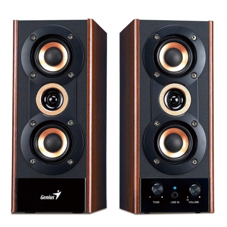 Genius SP-HF800A V2 Classic Wooden Speakers, 110V-240V Mains power supply, 3.5mm Audio Input Jack, 40 Watts with Bass and Volume Control
