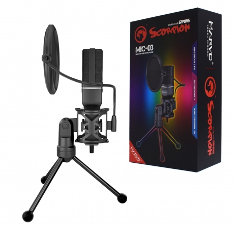 Marvo Scorpion MIC-03 Omnidirectional Streaming Microphone, USB Powered, 3D stereo Live Sound, Upto 270 degrees Adjustable Foldable Metal Tripod with Anti-Skid Silicone Pads, Built in Sound Card