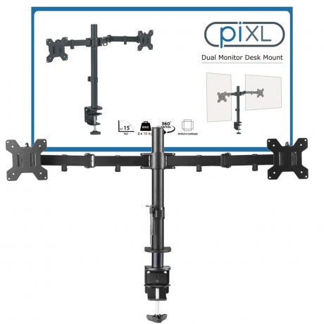 piXL Double Monitor Arm, For Upto 2x 27 inch Monitors, Desk Mounted, VESA dimensions of 75x75mm or 100x100mm, 180 Degrees Swivel, 15 Degrees Tilt, Weight Upto 10kg per screen, Built in Cable Management